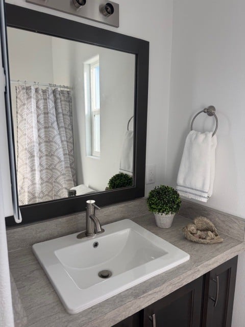 A bathroom sink with a square basin, a potted plant, a seashell decoration, a towel on a ring, and a large mirror reflecting a window and shower curtain.